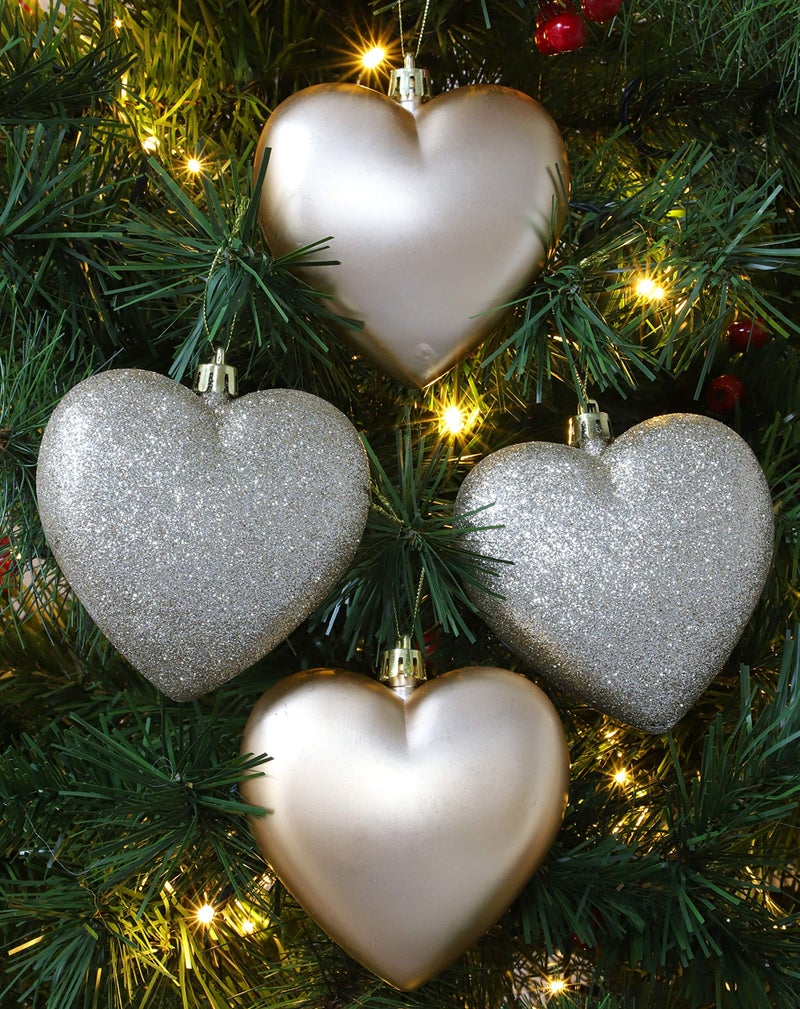 Christmas Concepts 4-100mm Heart Shaped Baubles - Matte & Glitter Design - Christmas Ornaments (Champagne) - Image 2